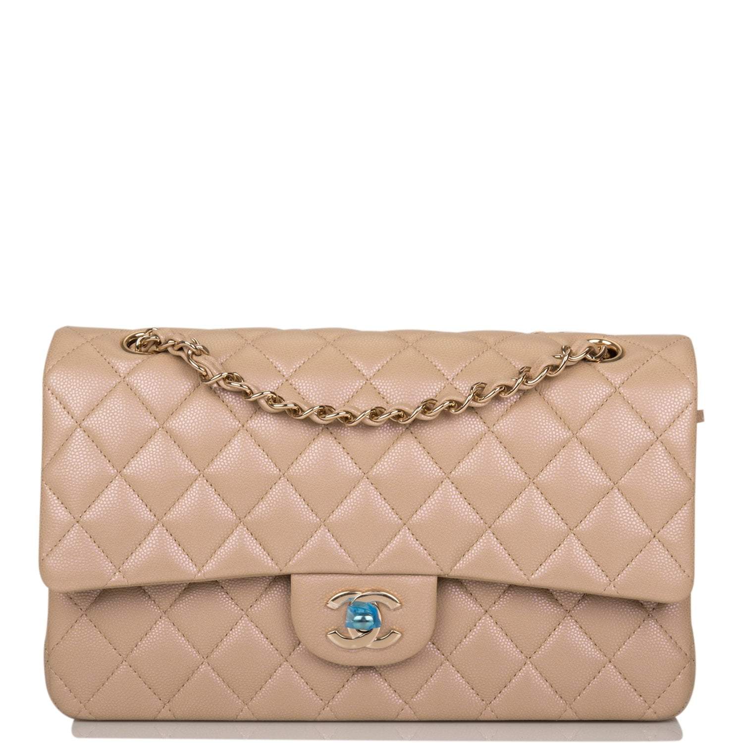 Chanel Chanel Dark Beige Iridescent Quilted Caviar Medium Classic Double Flap Bag Light Gold Hardware product photo – Po