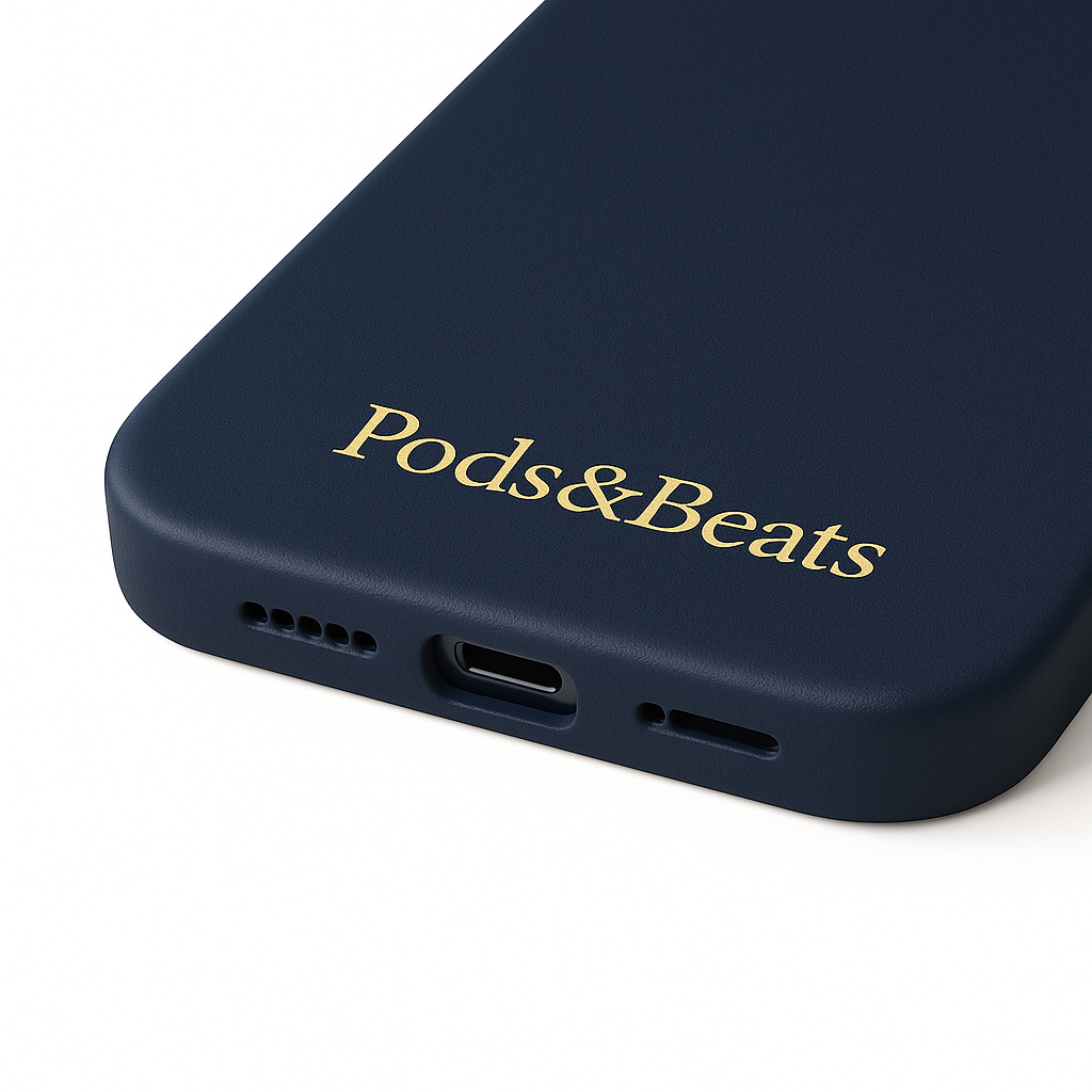 Navy phone case with 'Pods & Beats' text on a white background