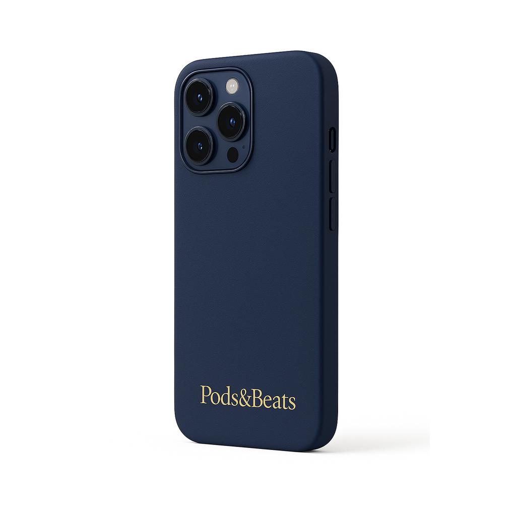 Navy blue phone case with 'Pods&Beats' branding on a white background