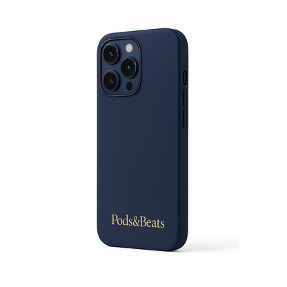 Navy blue phone case with 'Pods&Beats' branding on a white background