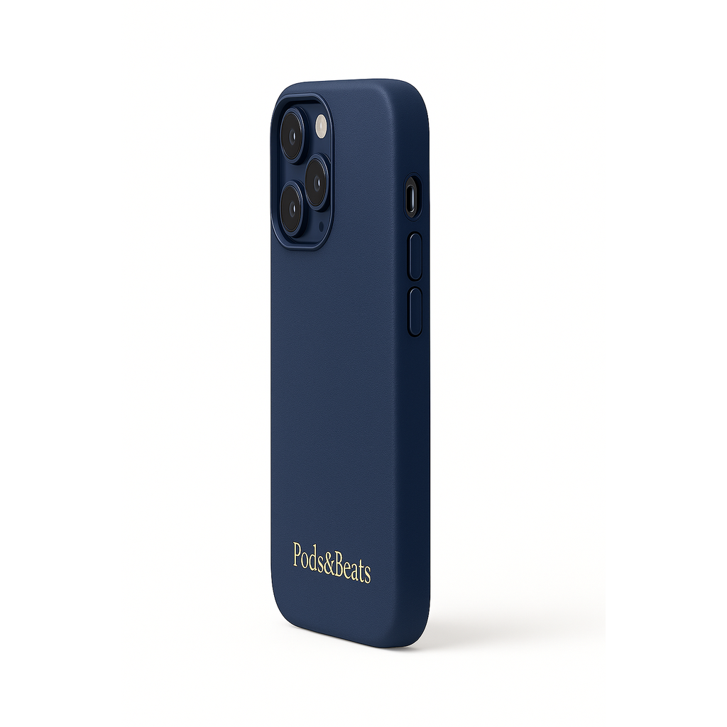 Navy blue phone case with 'Pods&Beats' branding on a white background