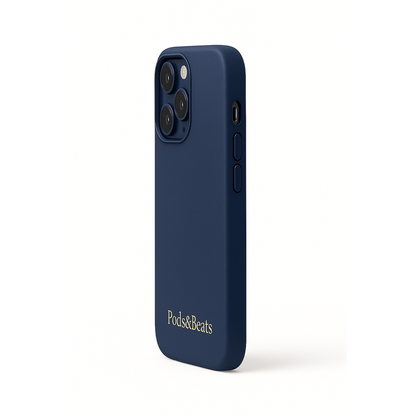 Navy blue phone case with 'Pods&Beats' branding on a white background