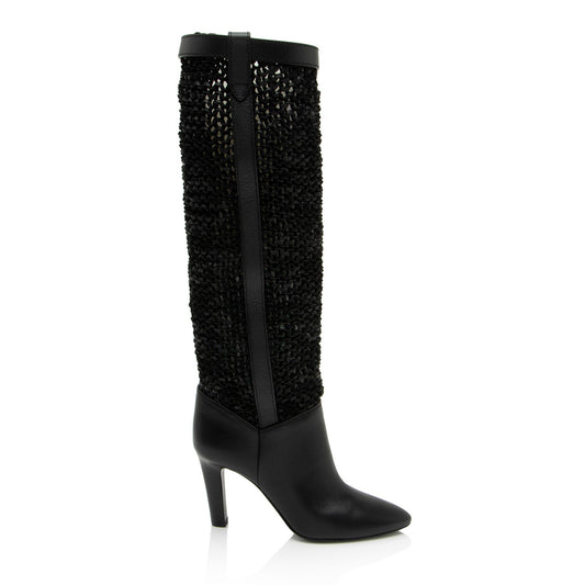 Saint Laurent Calfskin Woven Kim Knee High Boots - Size 8.5 / 38.5 Han