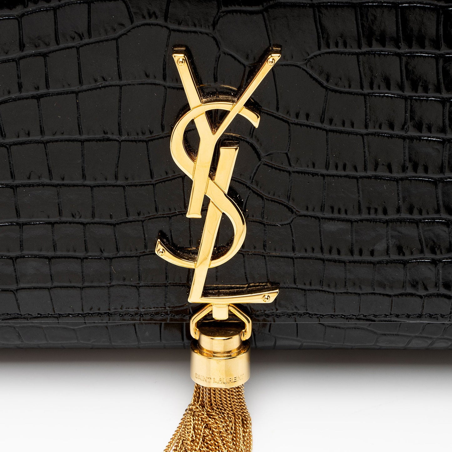 Saint Laurent Croc Embossed Leather Monogram Kate Tassel Clutch Handba