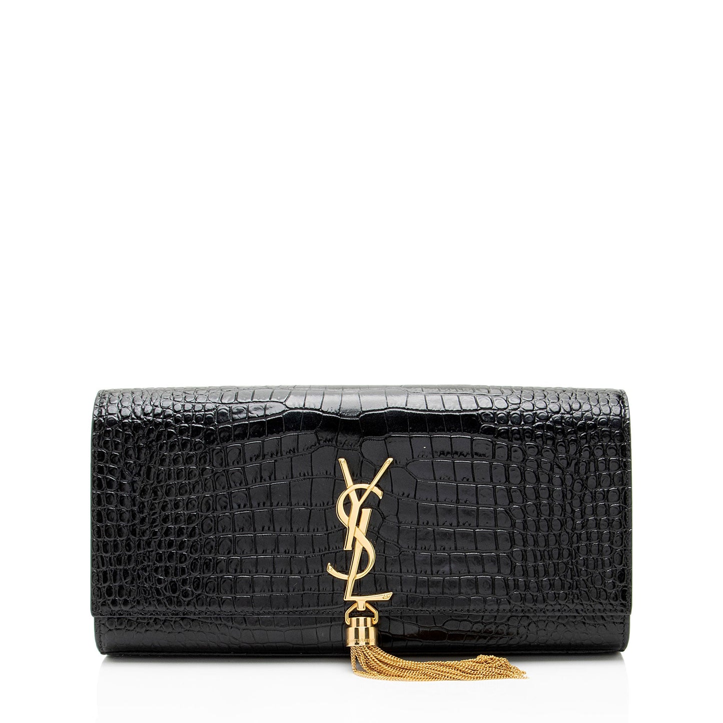 Saint Laurent Croc Embossed Leather Monogram Kate Tassel Clutch Handba
