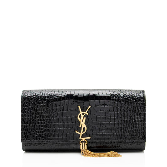 Saint Laurent Croc Embossed Leather Monogram Kate Tassel Clutch Handba
