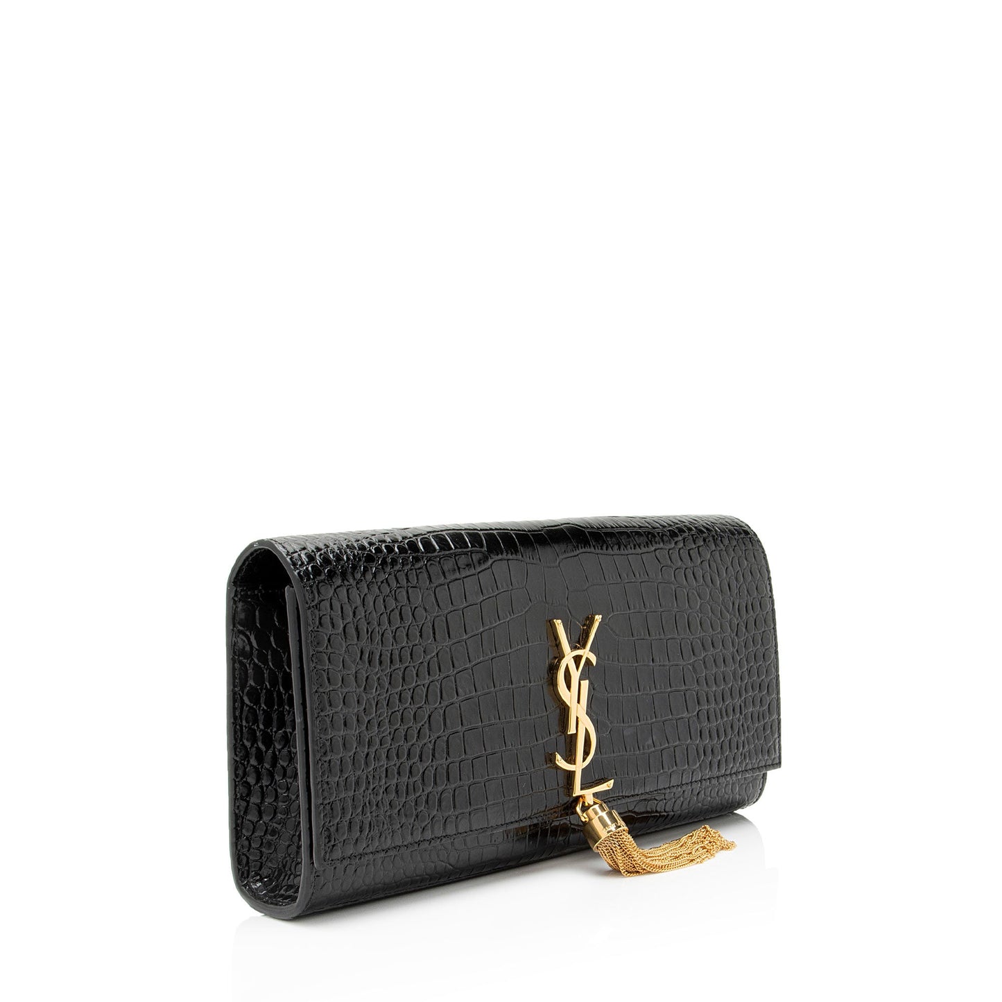 Saint Laurent Croc Embossed Leather Monogram Kate Tassel Clutch Handba