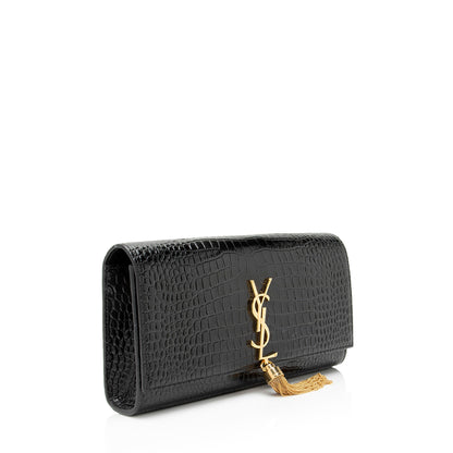 Saint Laurent Croc Embossed Leather Monogram Kate Tassel Clutch Handba