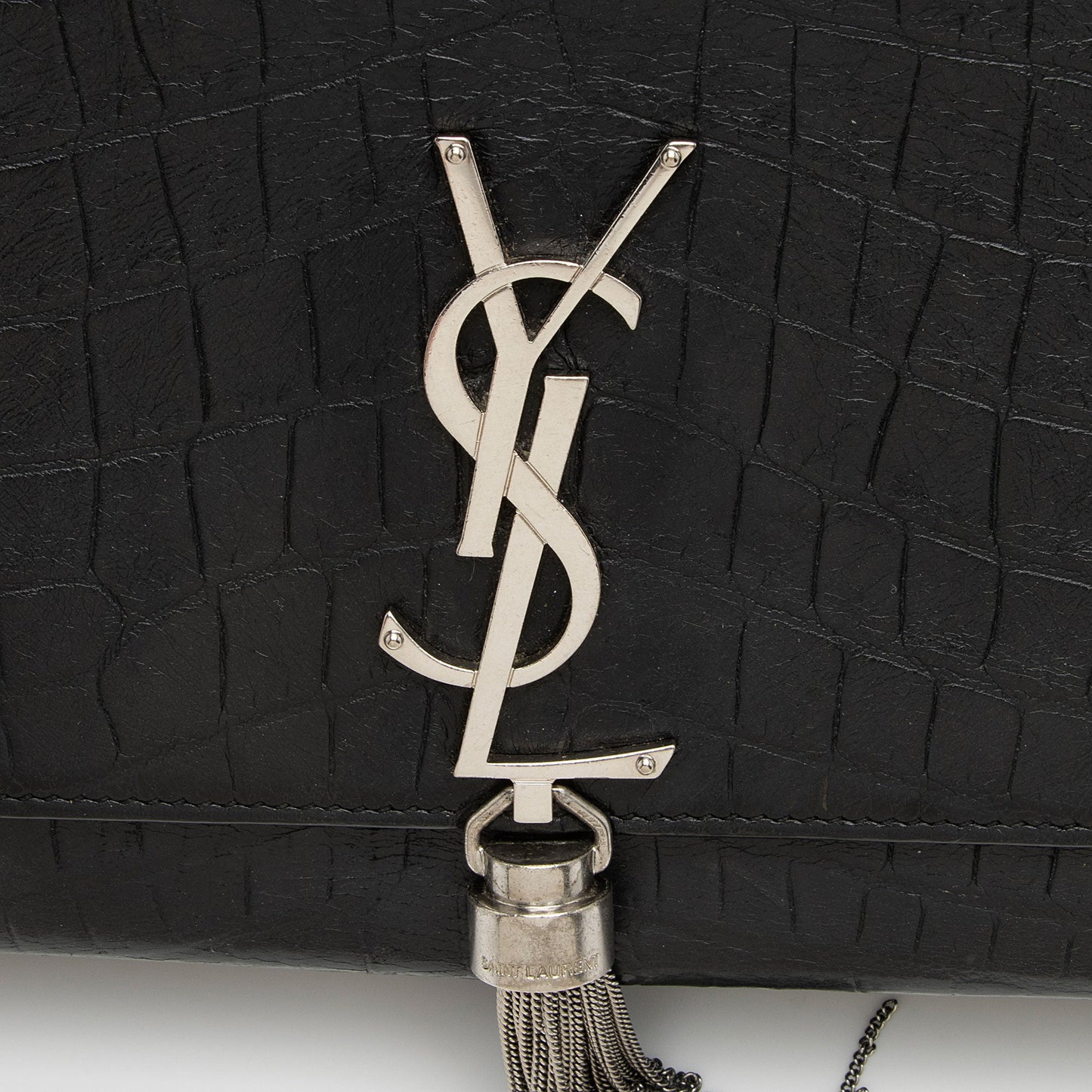 Saint Laurent Croc Embossed Leather Monogram Kate Tassel Medium Should