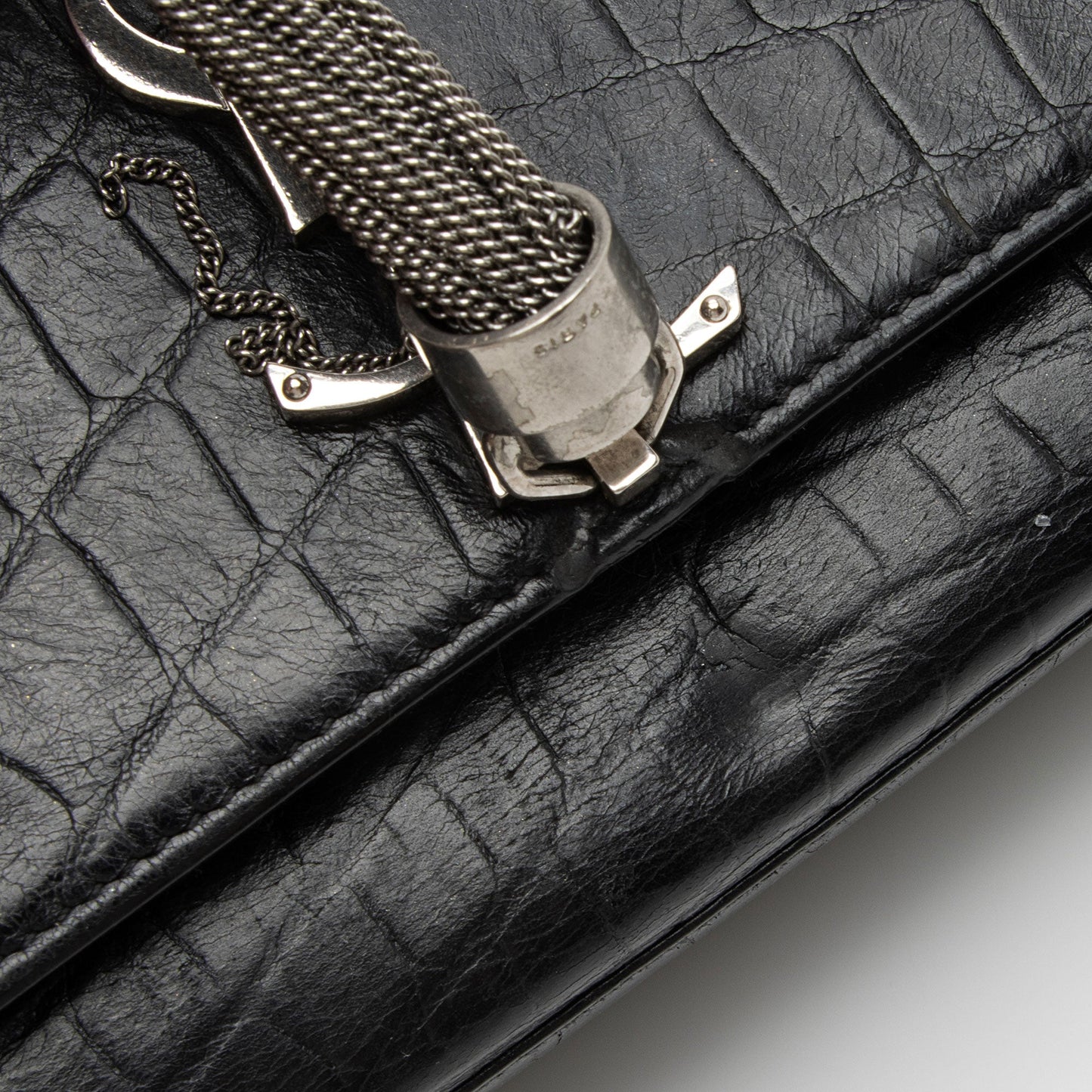 Saint Laurent Croc Embossed Leather Monogram Kate Tassel Medium Should