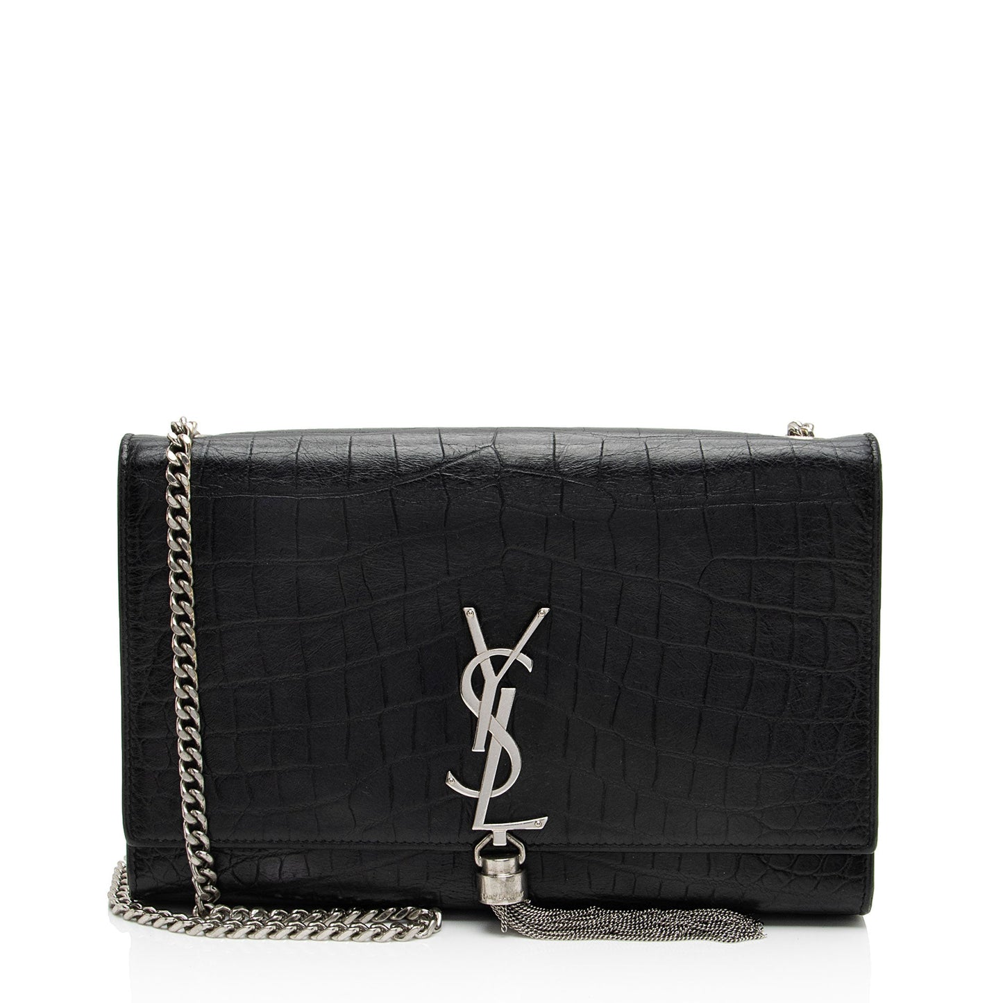Saint Laurent Croc Embossed Leather Monogram Kate Tassel Medium Should