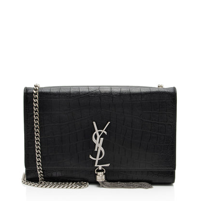 Saint Laurent Croc Embossed Leather Monogram Kate Tassel Medium Should