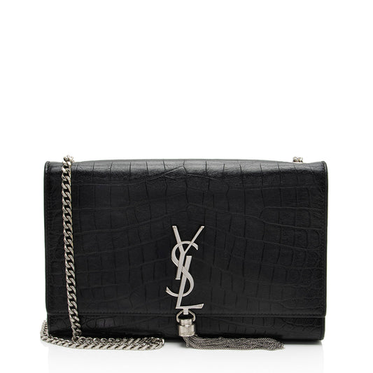 Saint Laurent Croc Embossed Leather Monogram Kate Tassel Medium Should
