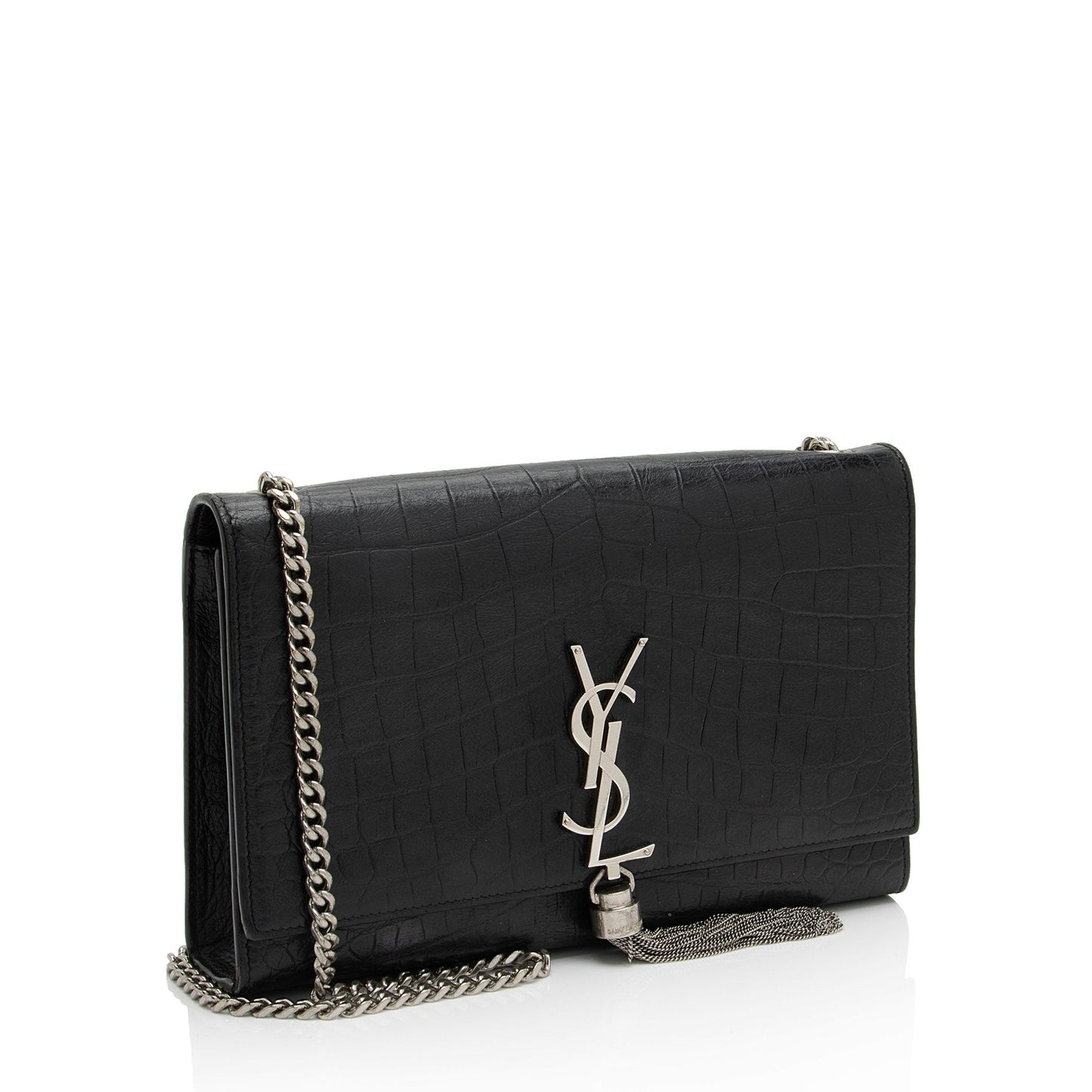Saint Laurent Croc Embossed Leather Monogram Kate Tassel Medium Should