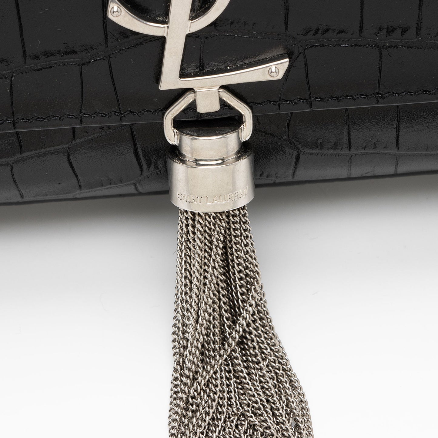 Saint Laurent Croc Embossed Leather Monogram Kate Tassel Medium Should
