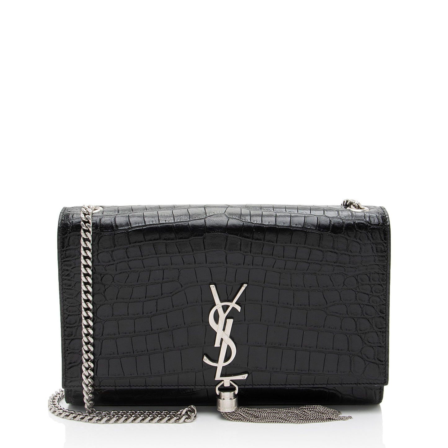 Saint Laurent Croc Embossed Leather Monogram Kate Tassel Medium Should