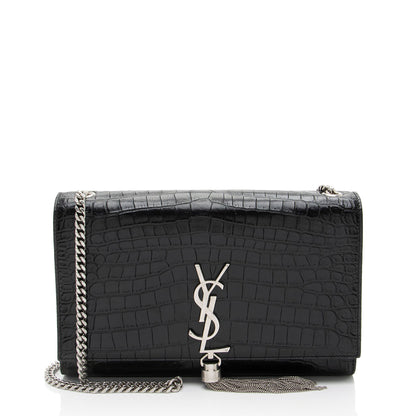 Saint Laurent Croc Embossed Leather Monogram Kate Tassel Medium Should