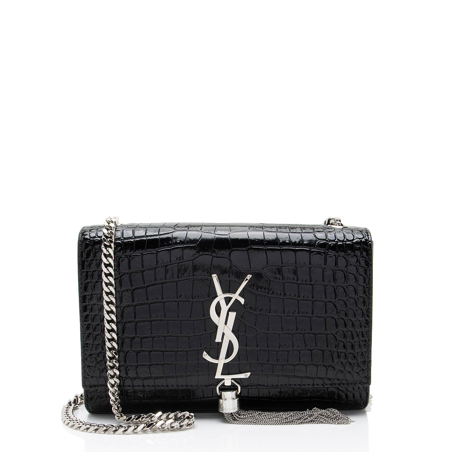 Saint Laurent Croc Embossed Leather Monogram Kate Tassel Small Shoulde