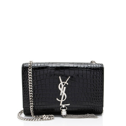 Saint Laurent Croc Embossed Leather Monogram Kate Tassel Small Shoulde