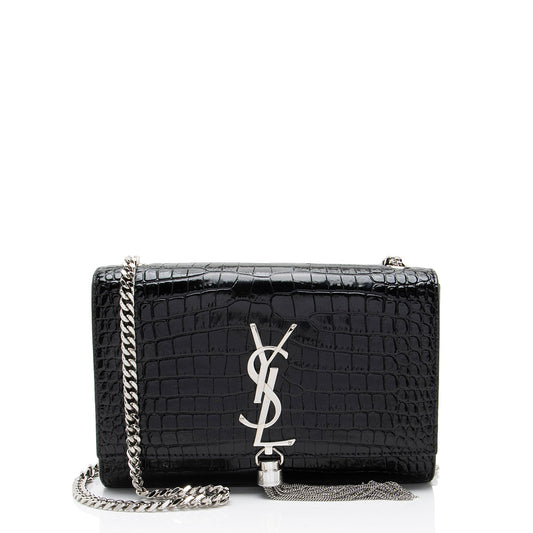 Saint Laurent Croc Embossed Leather Monogram Kate Tassel Small Shoulde
