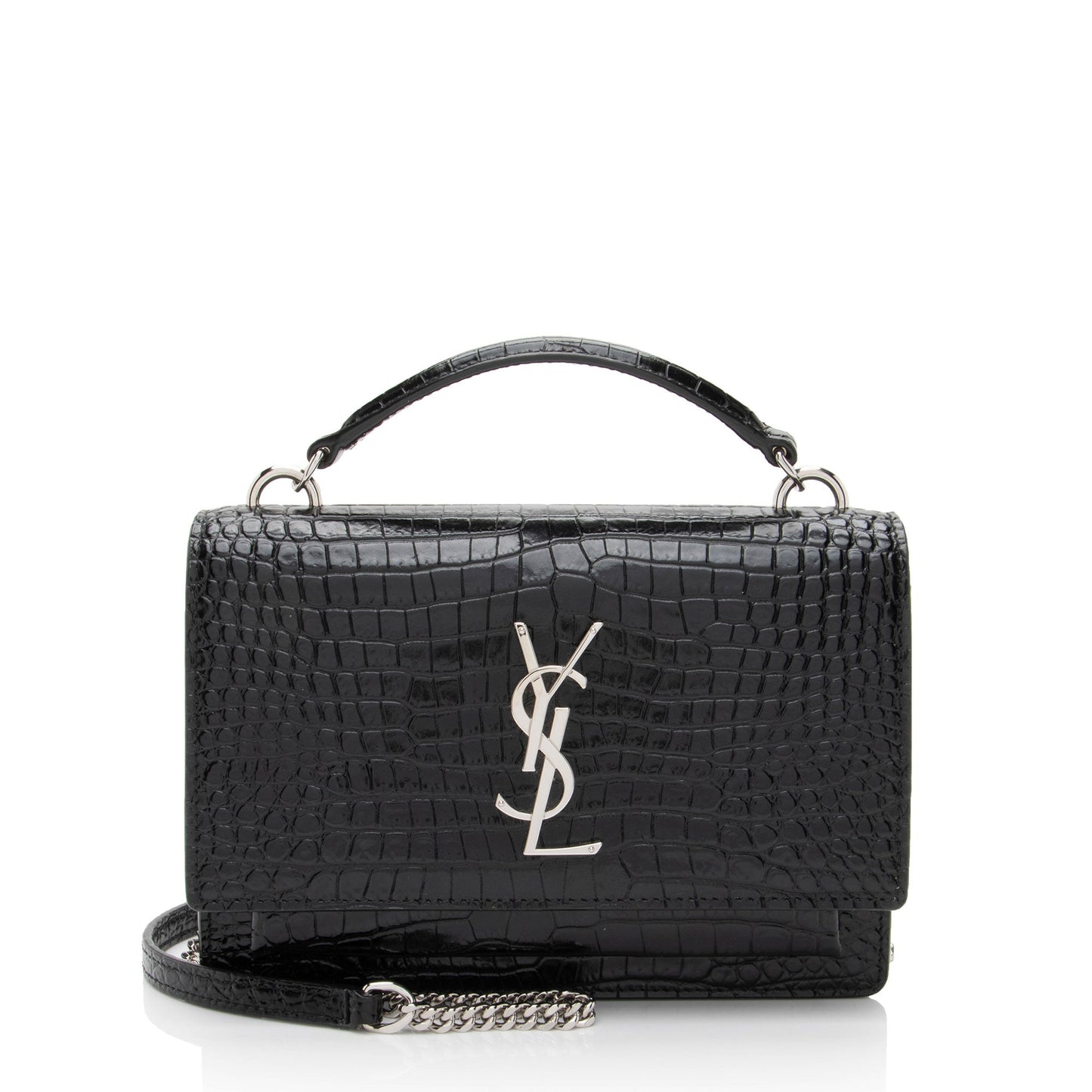 Saint Laurent Croc Embossed Leather Monogram Sunset Chain Wallet Handb