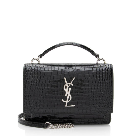 Saint Laurent Croc Embossed Leather Monogram Sunset Chain Wallet Handb