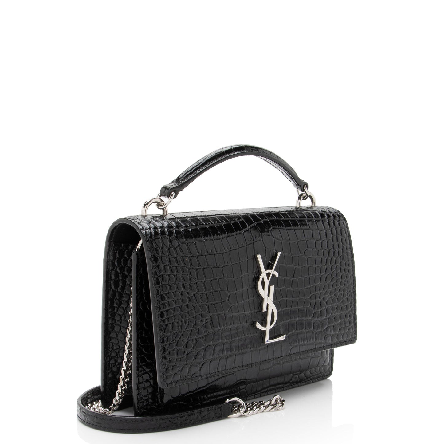 Saint Laurent Croc Embossed Leather Monogram Sunset Chain Wallet Handb