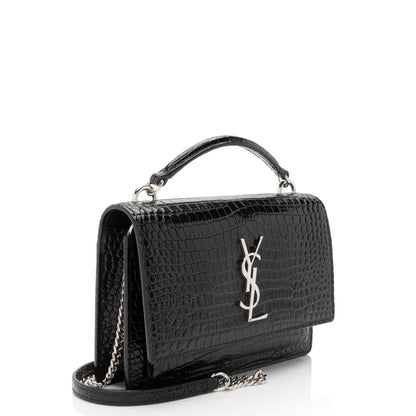 Saint Laurent Croc Embossed Leather Monogram Sunset Chain Wallet Handb