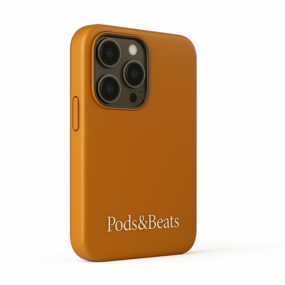 Tan phone case with 'Pods&Beats' branding on a white background
