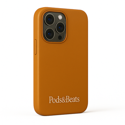 Tan phone case with 'Pods&Beats' branding on a white background