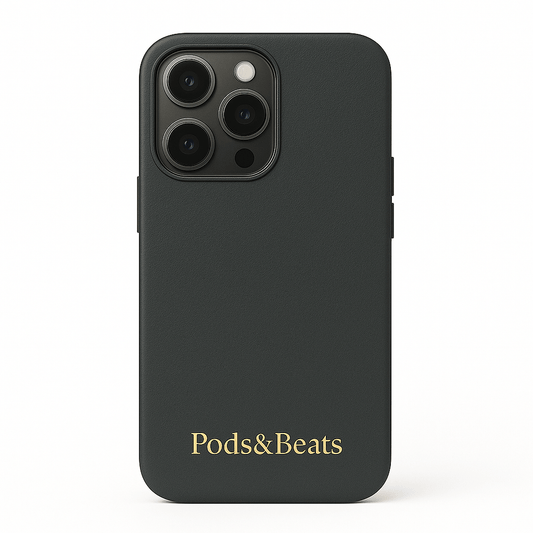 Pods&Beats Dark Grey Leather Case for iPhone 16 Pro Max - Fashiono